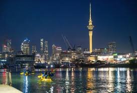 Auckland New Zealand skyline city lights and harbor